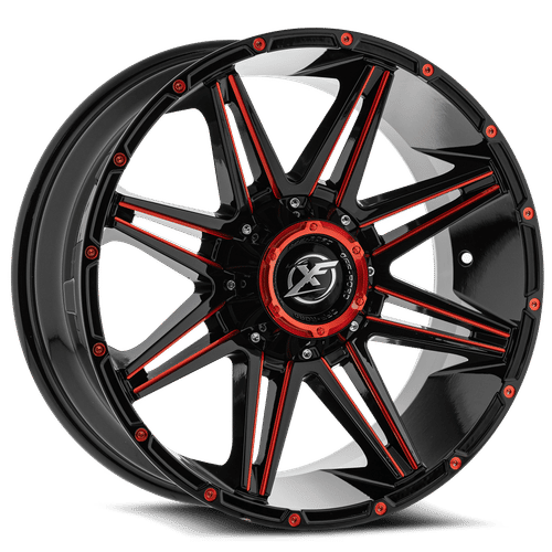 XF OFFROAD XF-220 Gloss Black Milled Red 22x12 6x139.7 Wheels | Offset: -44 | Backspace: 4.77 | Bore: 108