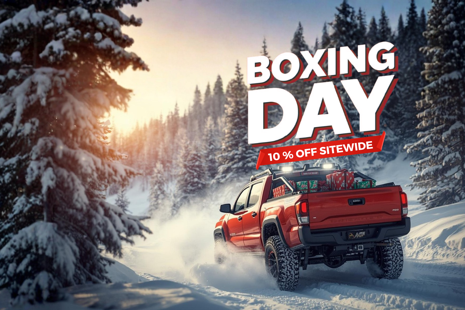Red pickup truck in a snowy forest with Boxing Day sale text overlay