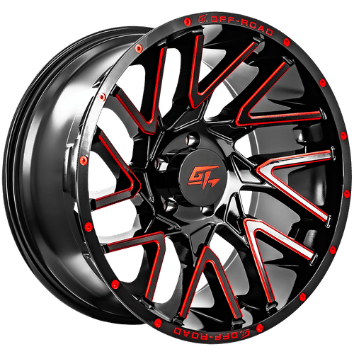 GT OFFROAD Aggression Gloss Black Milled Red Gloss Black Milled Red 22x12 6x139.7 Wheels | Offset: -44 | Backspace: 4.75 | Bore: 106.1