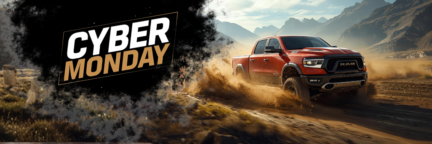 Red pickup truck on a dirt road with 'Cyber Monday' text overlay