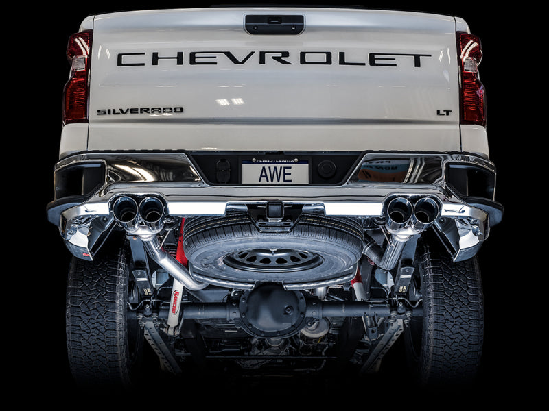 AWE Tuning 4th Gen GM 1500 5.3L 0FG Cat-Back Split Rear Exit (w/ Bumper Cutouts) - Quad Chrome Tips