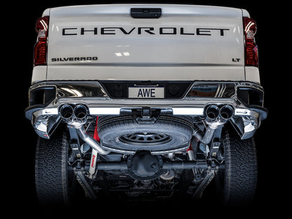 AWE Tuning 4th Gen GM 1500 5.3L 0FG Cat-Back Split Rear Exit (w/ Bumper Cutouts) - Quad Chrome Tips